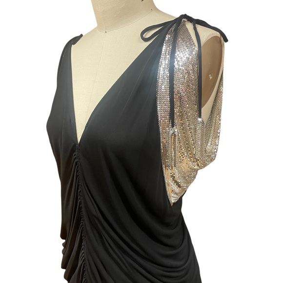 Vintage Ferrara Black Body Con Dress with Silver Mesh Details Small/Medium - Picture 2 of 7